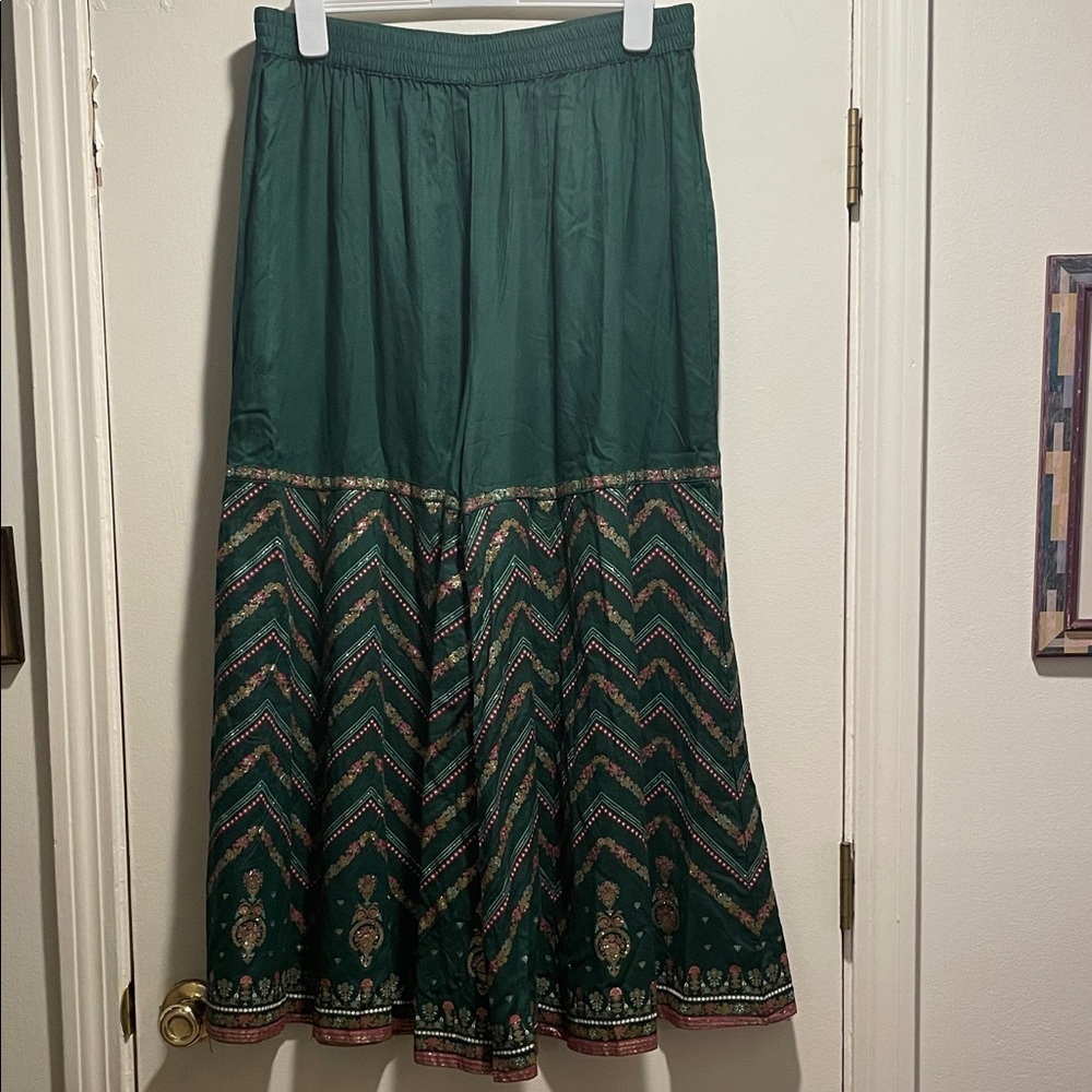 W for Woman Ethnic Wear Hunter Green Glitter Flora Print Design Wide Pants